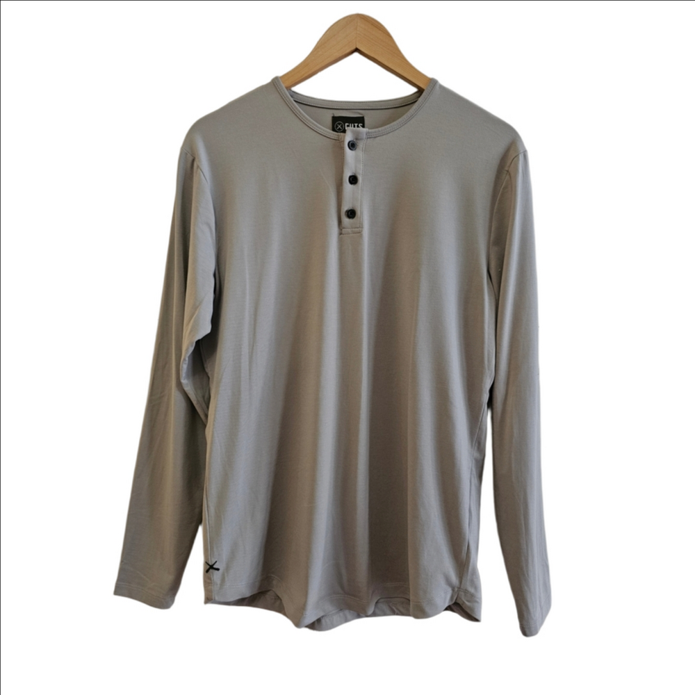 Cuts Men's Gray Blue Long Sleeve Henley Shirt Curve-Hem